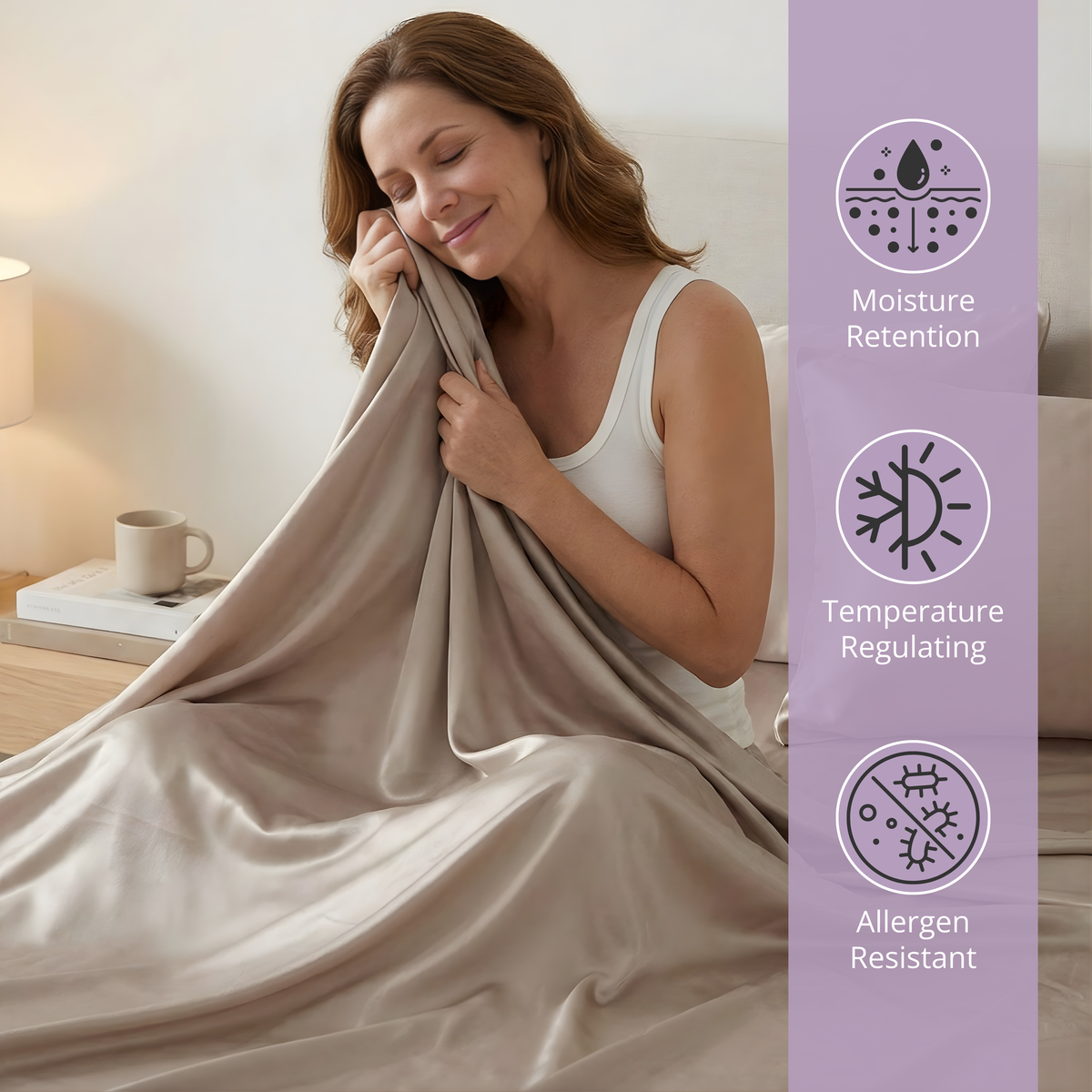 A woman sits on a bed with a Mulberry silk sheet set; icons show moisture retention, temp control, and allergen resistance.