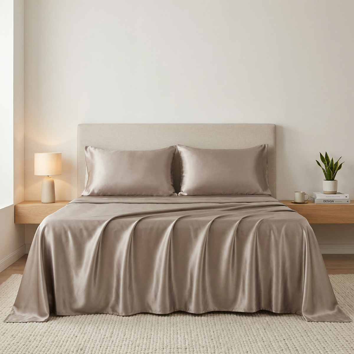 A neatly made bed with 22 momme silk sheets, two pillows, a lamp, and a plant on nightstands in a minimalist bedroom.