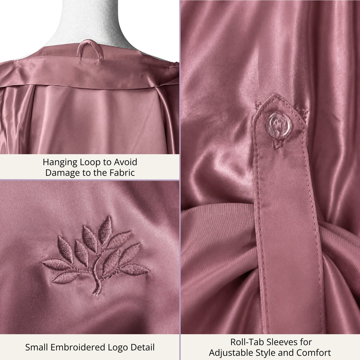 Pink 22 momme silk kimono-style robe with a hanging loop, roll-tab sleeve, and small embroidered leaf logo in close-up.