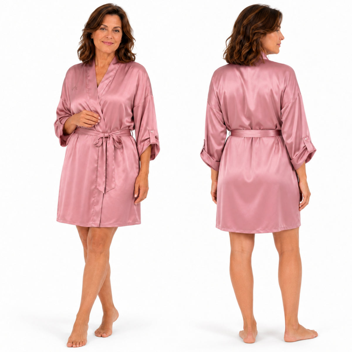 Woman modeling a short, pink silk robe with a belt, shown from the front and back against a white background.