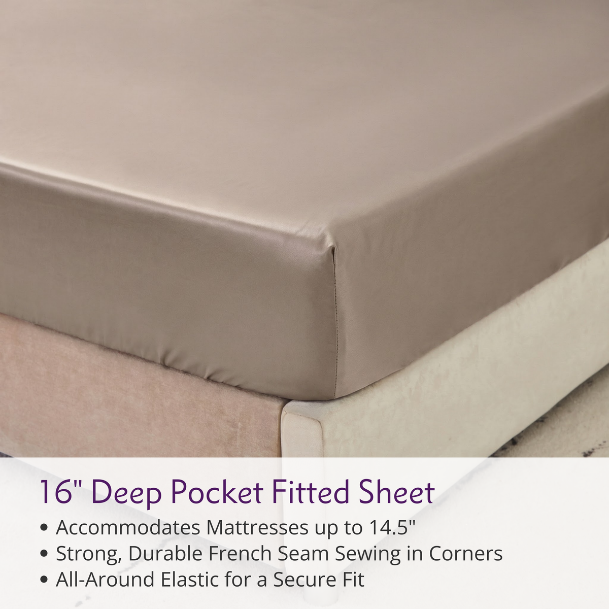 A taupe fitted sheet on a mattress with secure elastic fit, inspired by the luxury of 22 momme silk sheets.