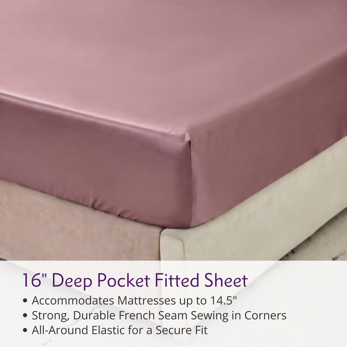 A mauve Mulberry silk sheet set with deep pockets, strong corner seams, and all-around elastic for a perfect fit.