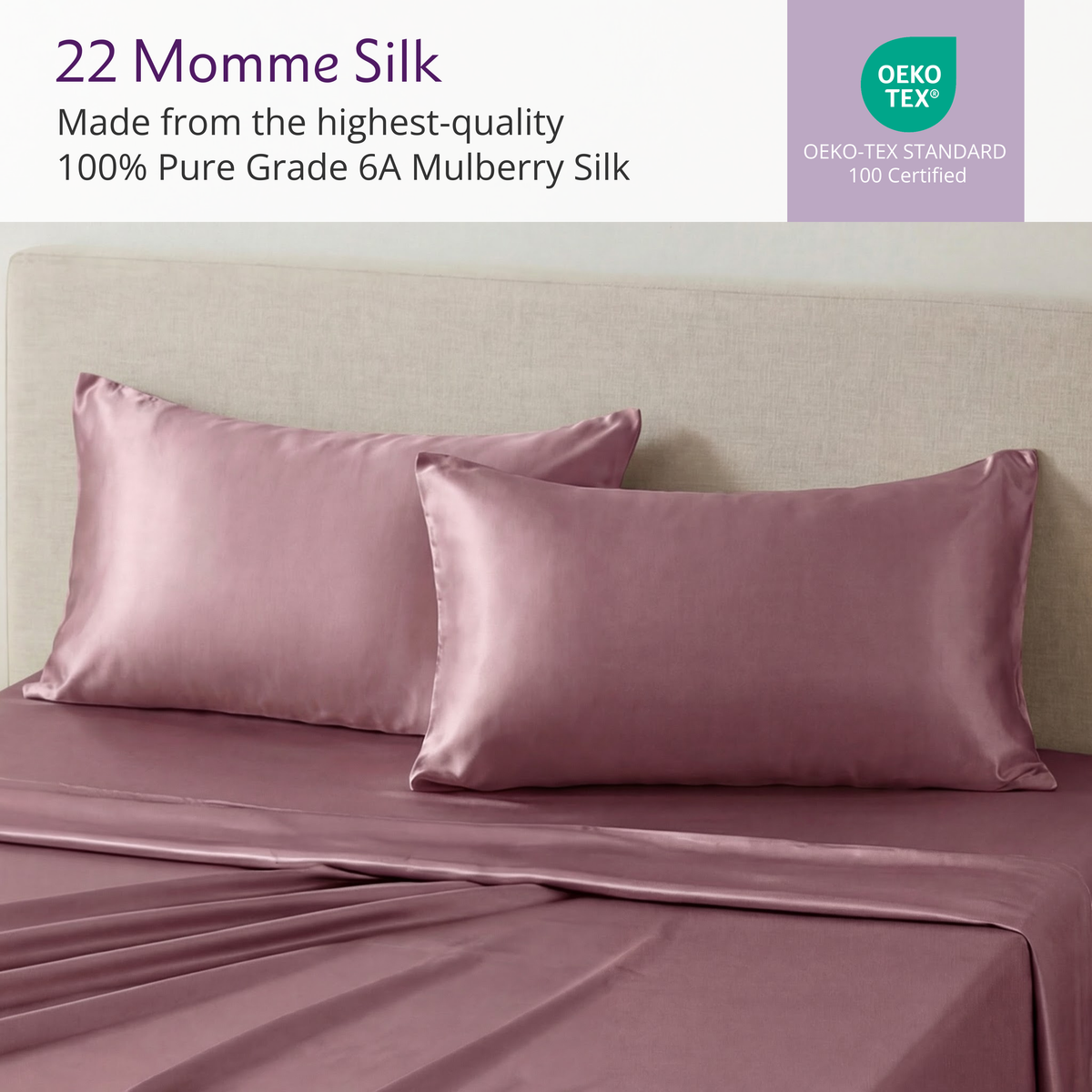 Two mulberry silk pillowcases and sheets on a bed, OEKO-TEX certified, perfect for hair and skin care.