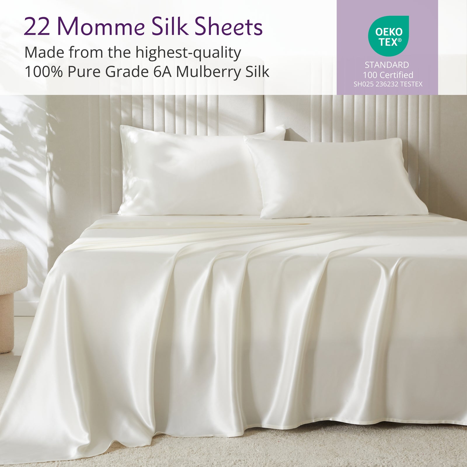Elegant 22 Momme Silk Sheets Set in Steel Blue color displayed on a beautiful bed with silk pillows