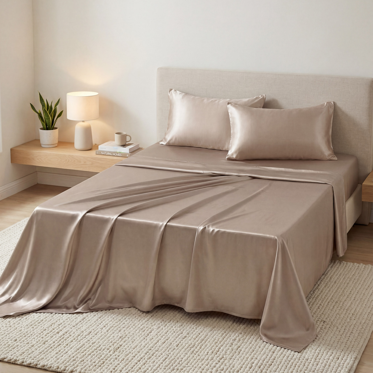 A bed with 22 momme silk sheets for skin and hair, a lamp, plant, and mug on a wooden nightstand in a minimalist bedroom.