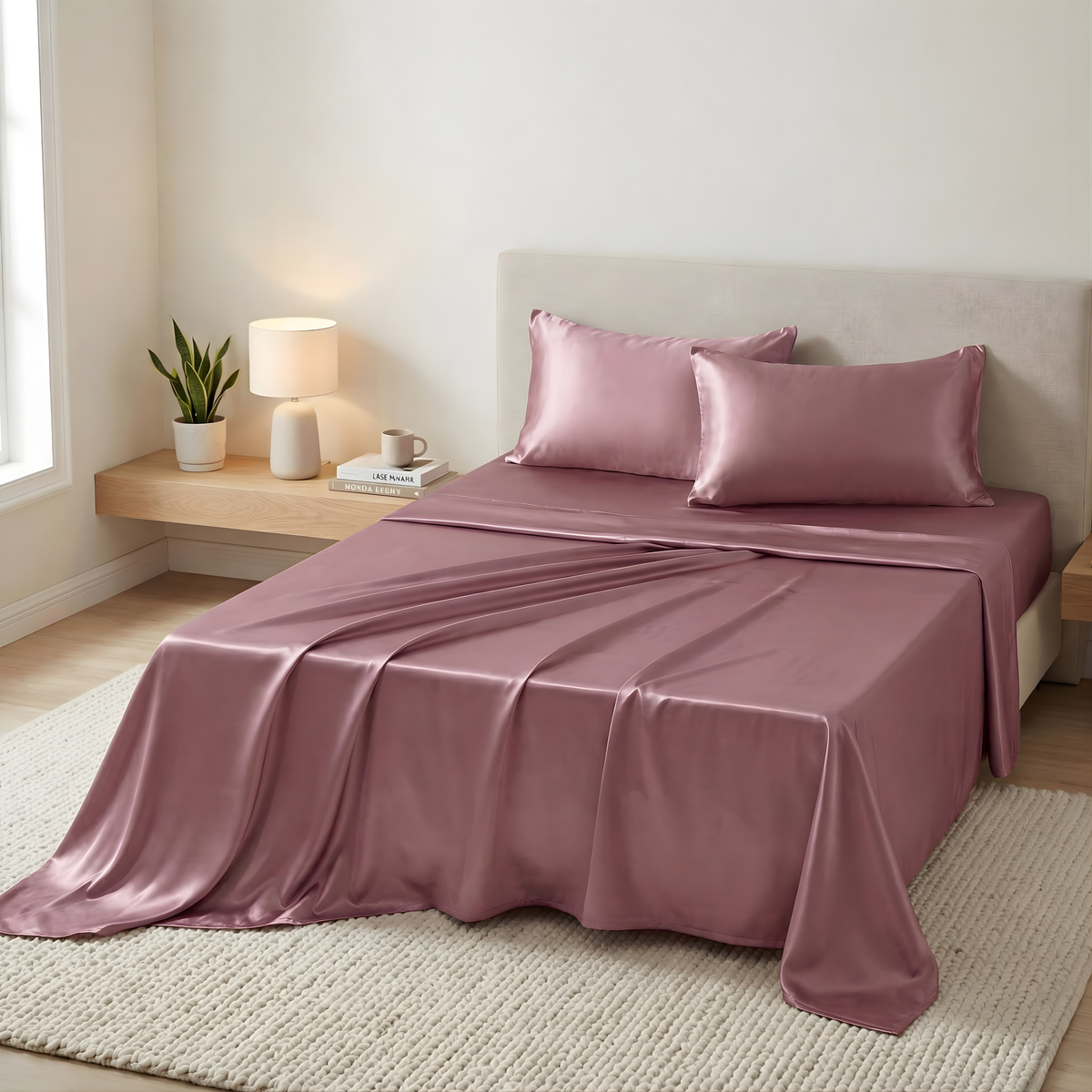 A bed with 22 momme silk sheets and two pillows, with a lamp, plant, and books on a wooden nightstand beside it.