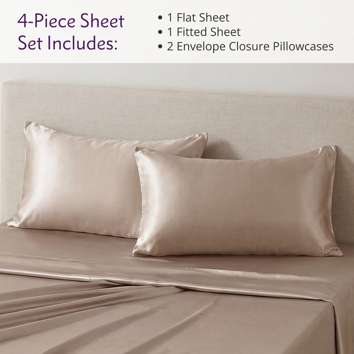 A neatly made bed with beige satin sheets and two pillowcases, featuring 22 momme silk sheets for skin and hair.