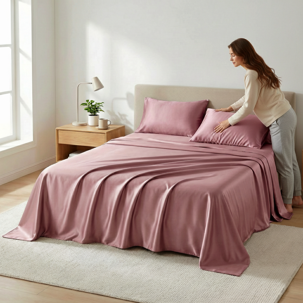 A woman arranges a mulberry silk pillowcase on a bed with pink satin bedding in a bright, minimal bedroom with a side table.