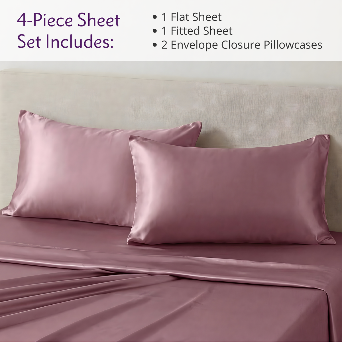 A bed with mauve 22 momme silk sheets and two pillowcases; text lists 4-piece Mulberry silk sheet set contents.