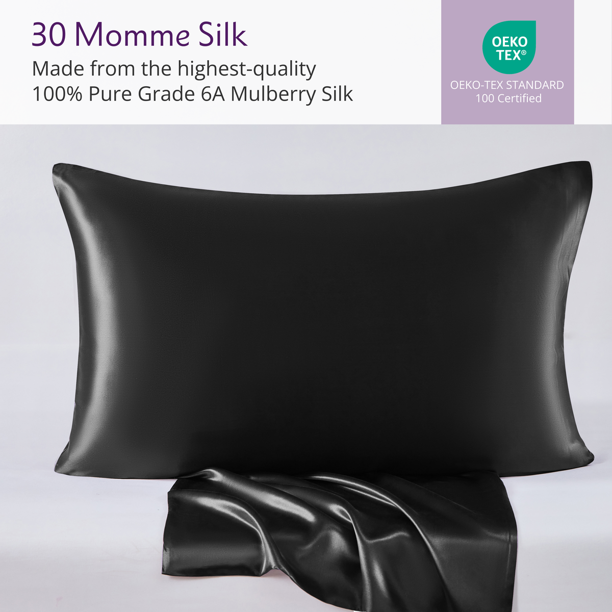 A 30 momme Mulberry silk pillowcase for hair and skin on a matching sheet, OEKO-TEX certified for luxury and comfort.