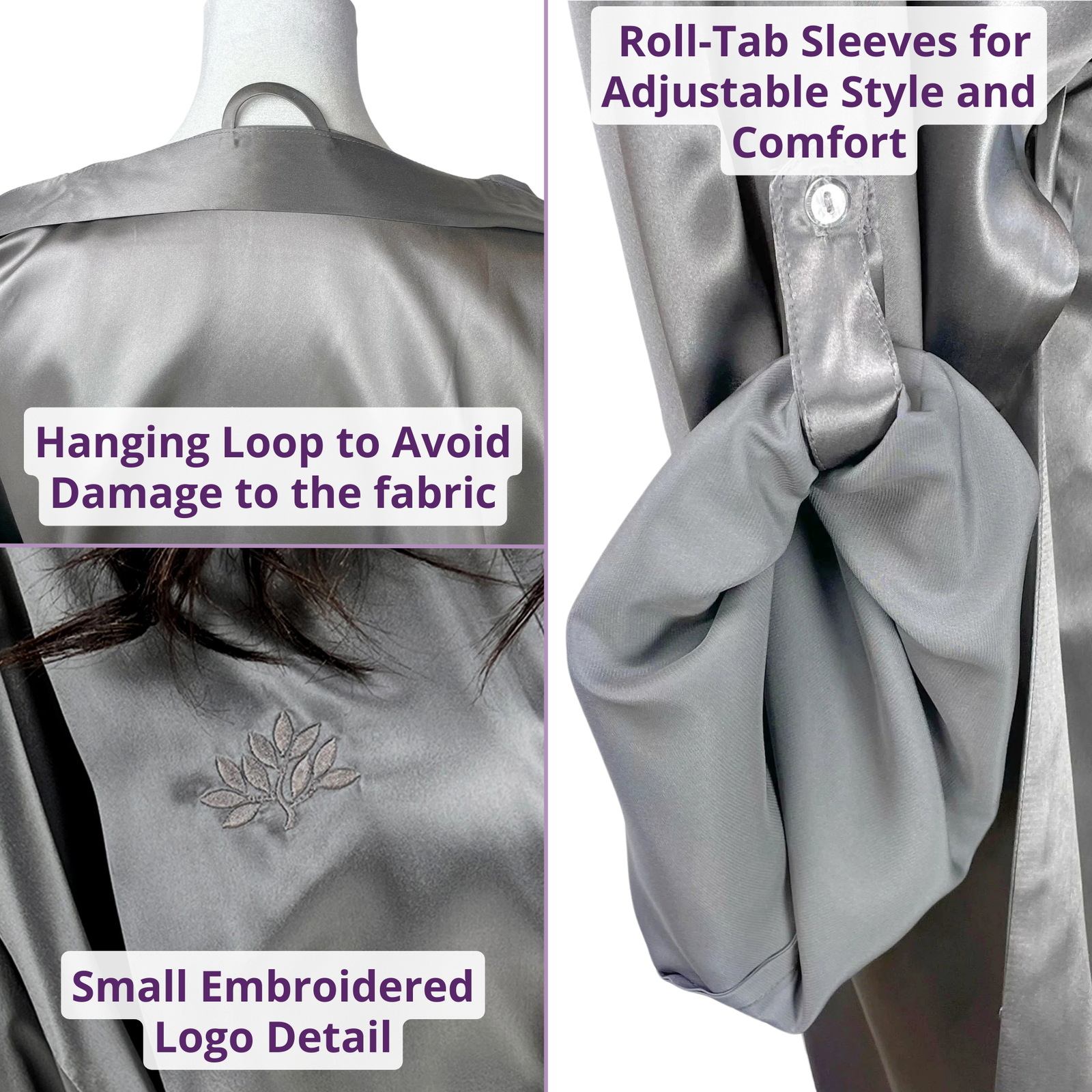 Model wearing a gunmetal female robe, showcasing to show the front and side views