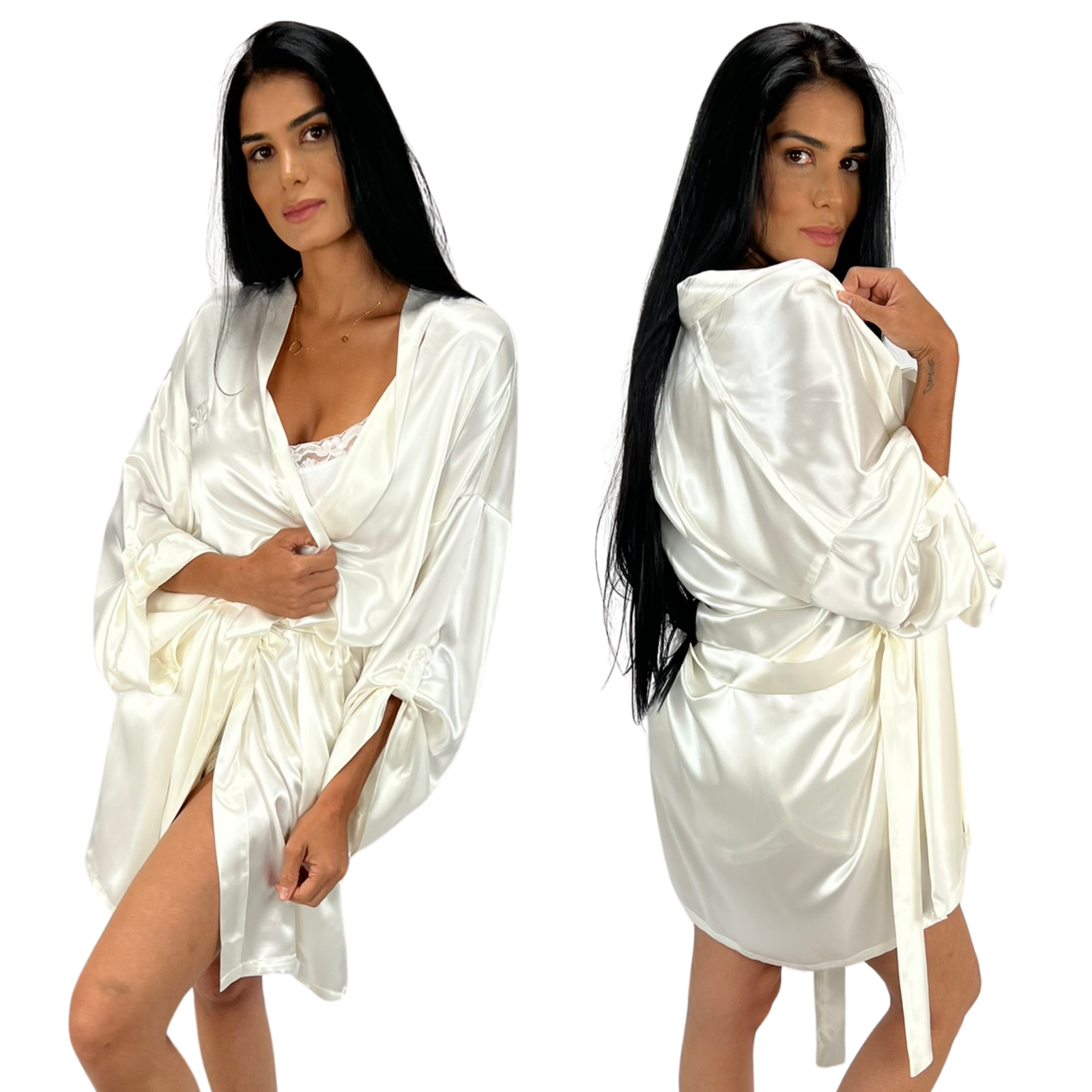 Model wearing a ivory female robe, showcasing to show the front and side views 
