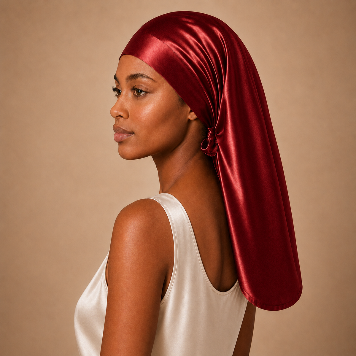 Woman in a sleeveless top wearing a long, shiny red reversible silk bonnet, posing against a plain beige background.