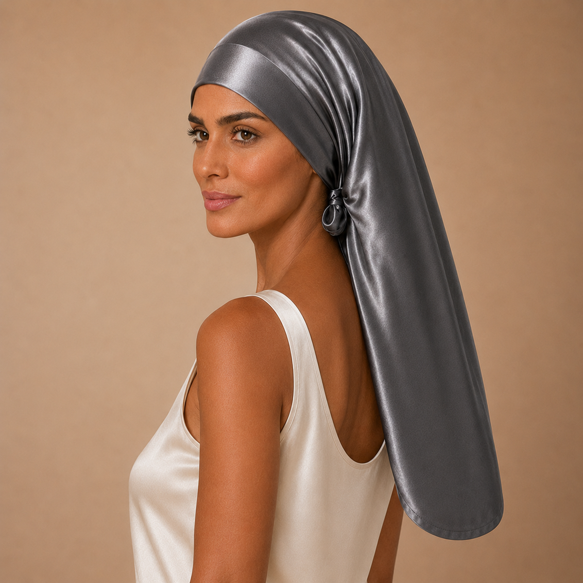 Woman wearing a long, shiny silver headscarf for long hair protection against a beige background.