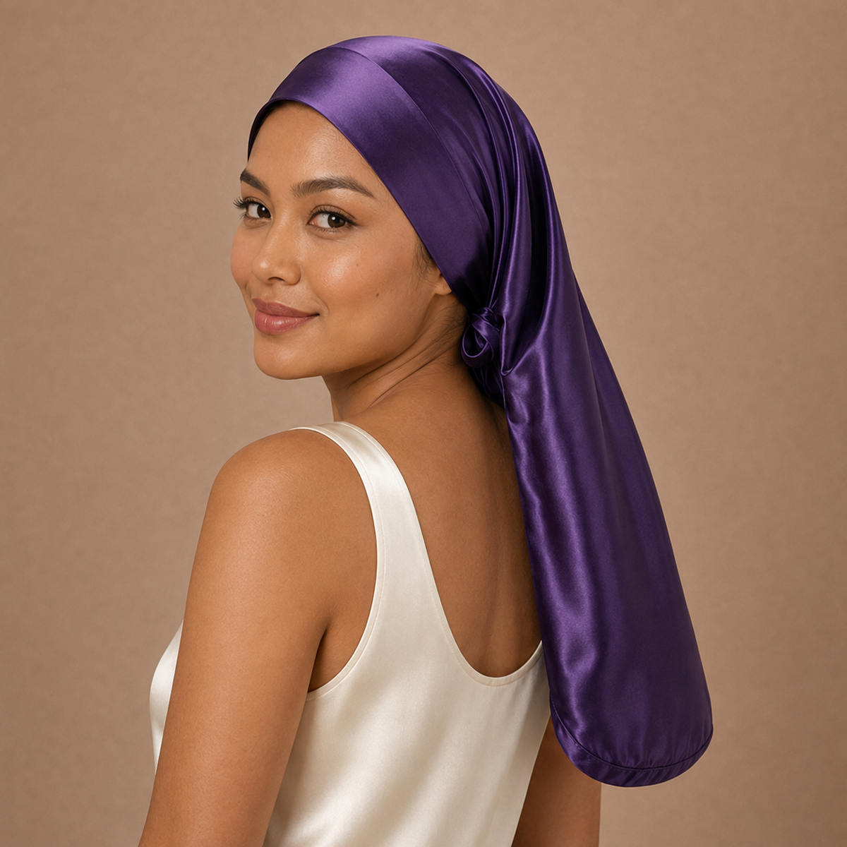 Woman in a white sleeveless top wears a shiny mulberry silk hair wrap, looking over her shoulder and smiling.