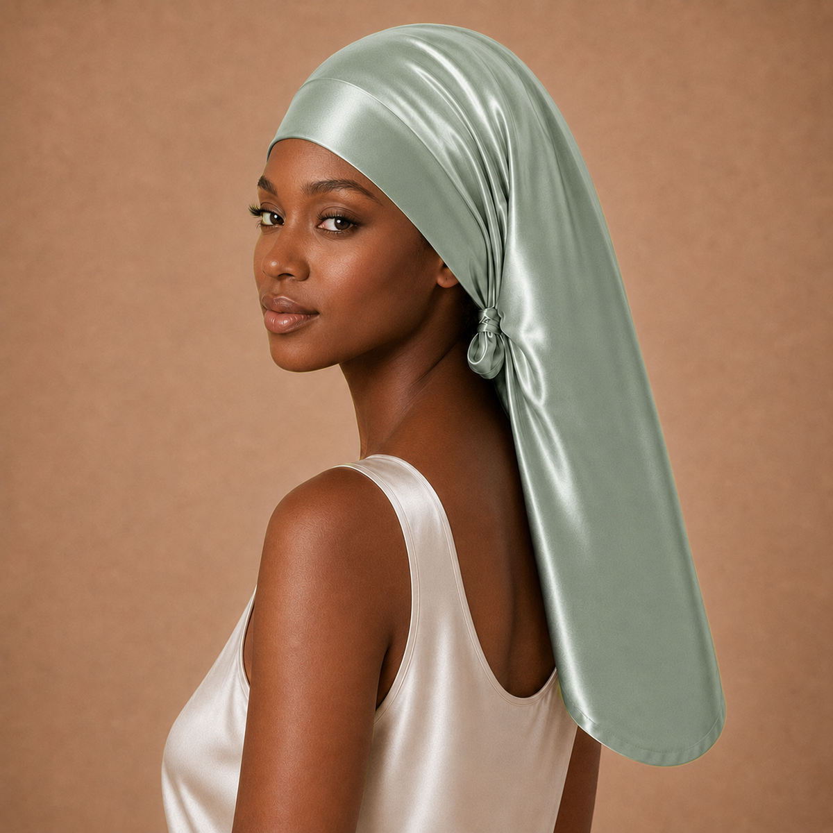 Woman in a silk sleep bonnet and long hair poses against a plain brown background, showcasing stylish hair protection.