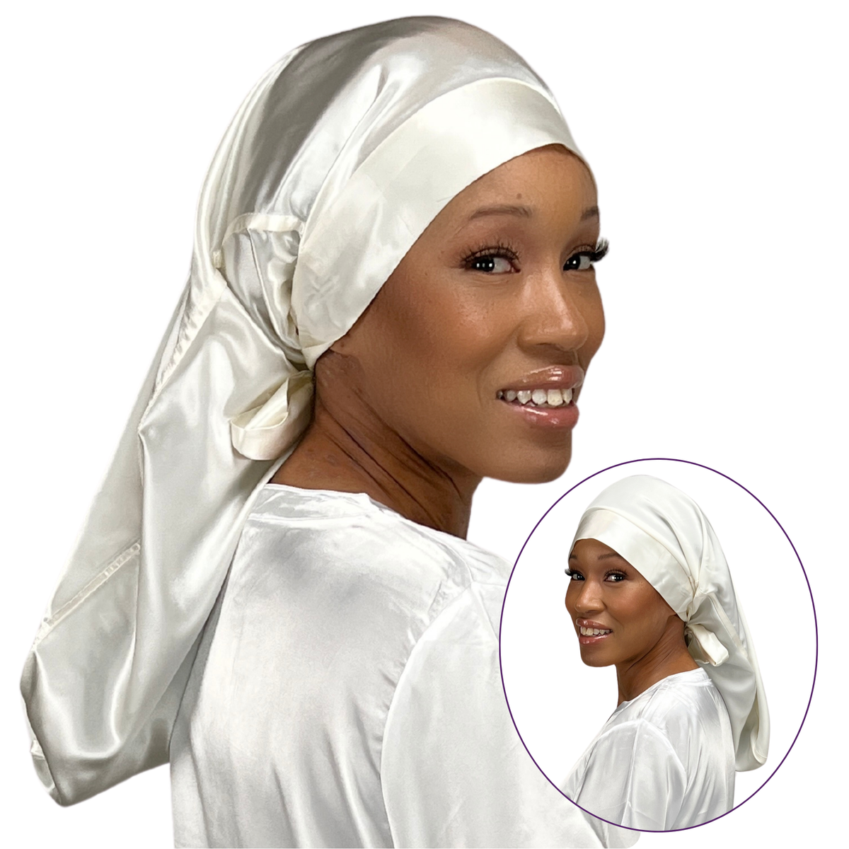 Mulberry Silk Long Hair Sleep Bonnet Fully Reversible Ivory