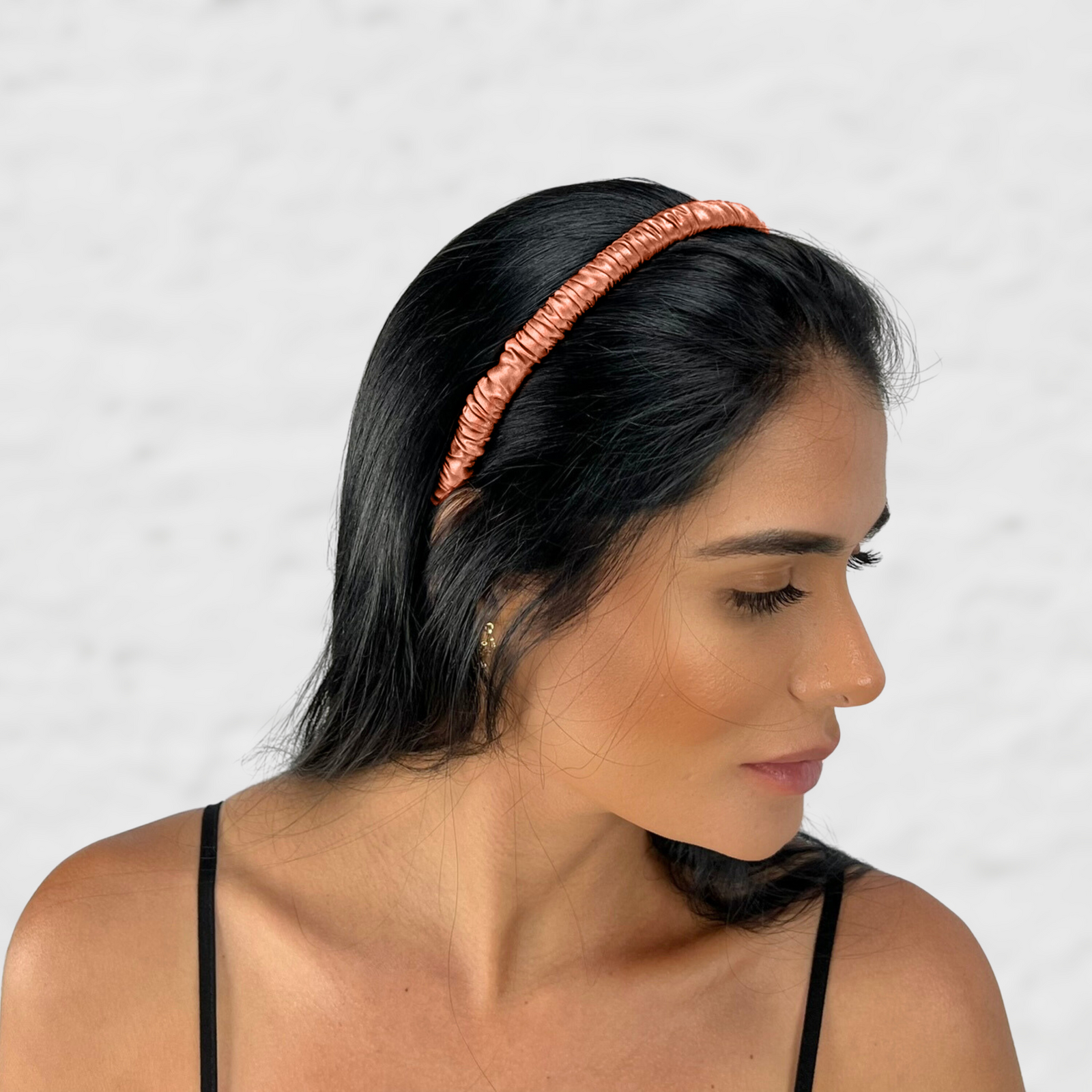 Luxurious 19 Momme silk headbands for women in Copper with a skinny scrunched design 