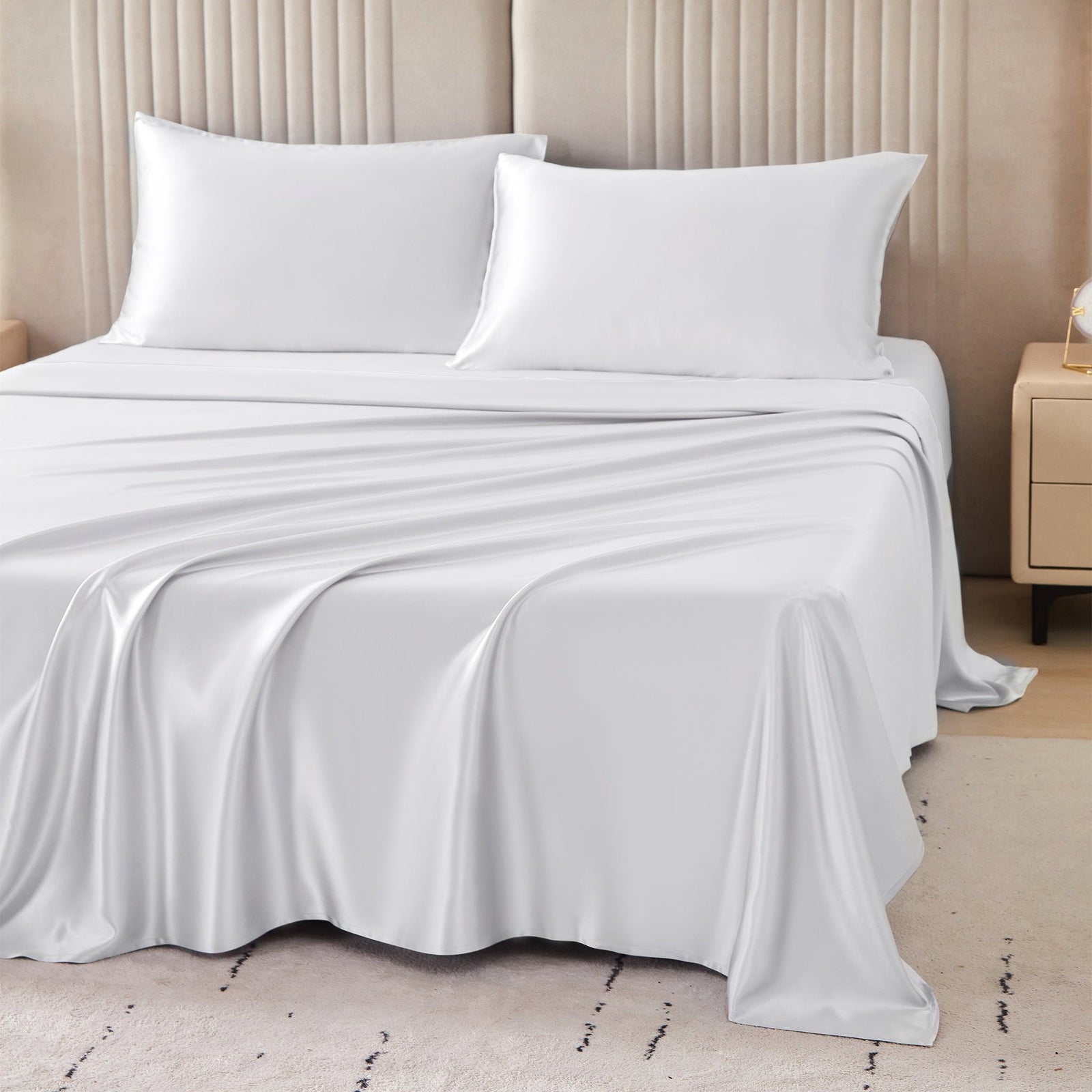 Elegant 22 Momme Silk Sheets Set in White color displayed on a beautiful bed with silk pillows