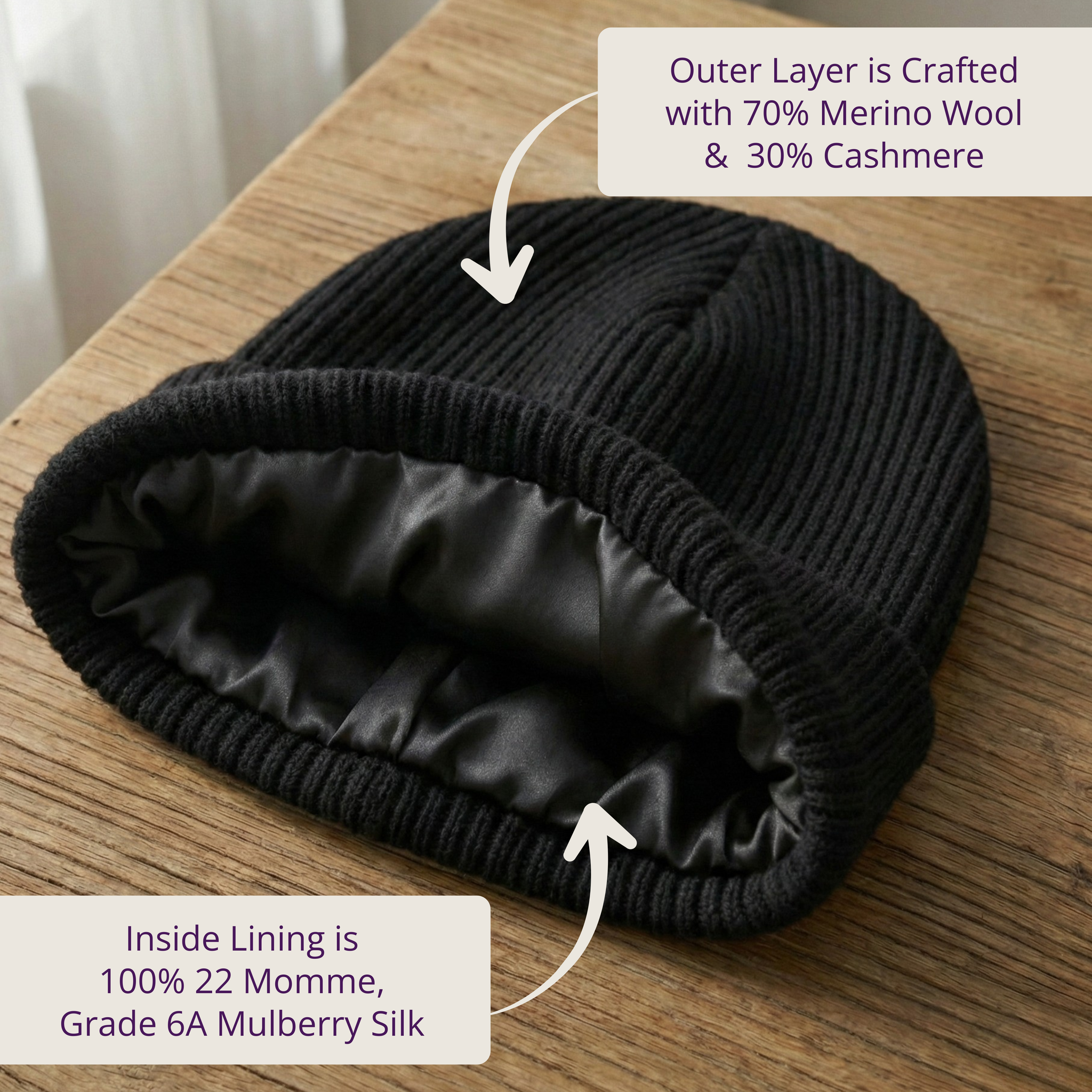 Luxury Silk-Lined Cashmere & Merino Wool Winter Beanie | Black