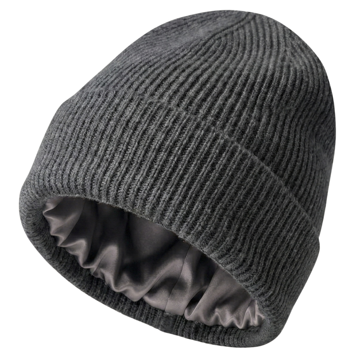 Gray knit beanie with silk lining on a white background
