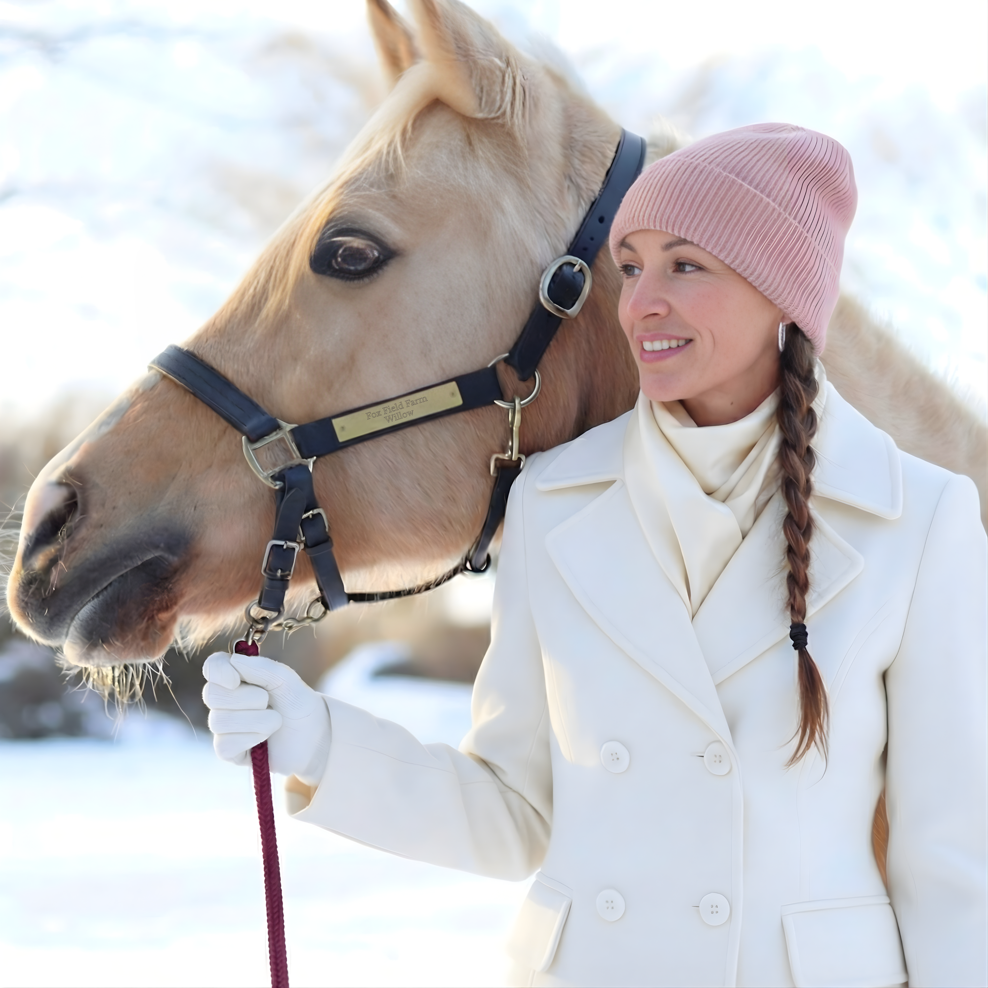 Woman in white coat and pink beanie standing next to a horse in a snowy setting