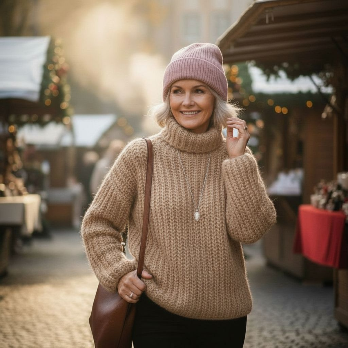 Woman wearing a beige sweater and pink beanie at an outdoor market.