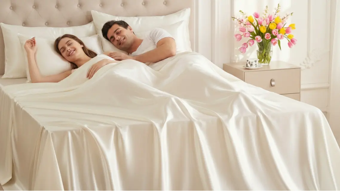 Couple lying in bed under white bedding with a vase of flowers on a nightstand.