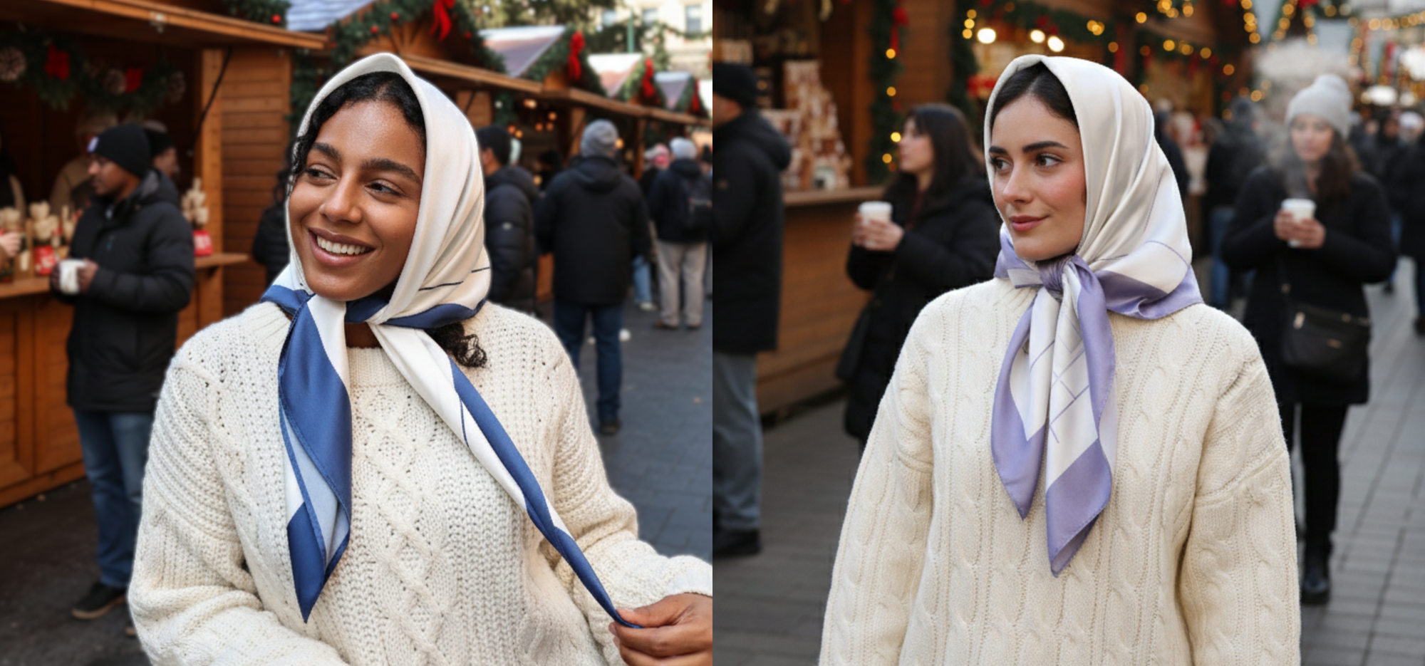 Two women wearing Mulberry Park Silks' new printed boarder silk headscarves in a winter market setting