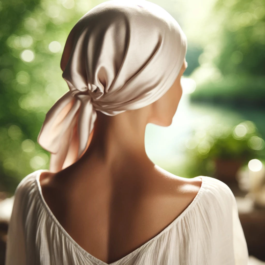 A woman with a silk headscarf sits outdoors, facing away, in an off-shoulder white top against a green background.