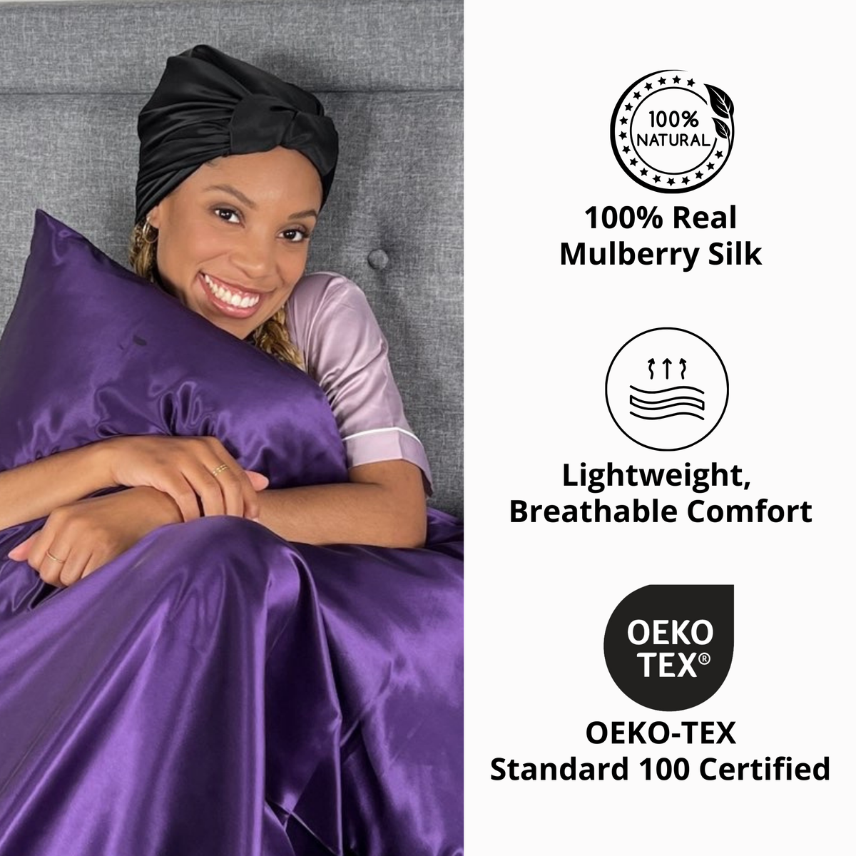 Smiling woman relaxing on a gray bed holding a rich purple Mulberry Park Silks pillowcase, wearing a black silk sleep scarf. Text beside her highlights: “100% Real Mulberry Silk,” “Lightweight, Breathable Comfort,” and “OEKO-TEX® STANDARD 100 Certified.”