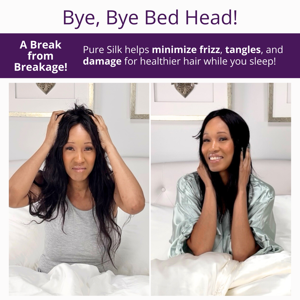 Silk Square Head Scarf - Black from Mulberry Park Silks reduces frizz and breakage, shown in before-and-after photos highlighting sleek hair improvement.