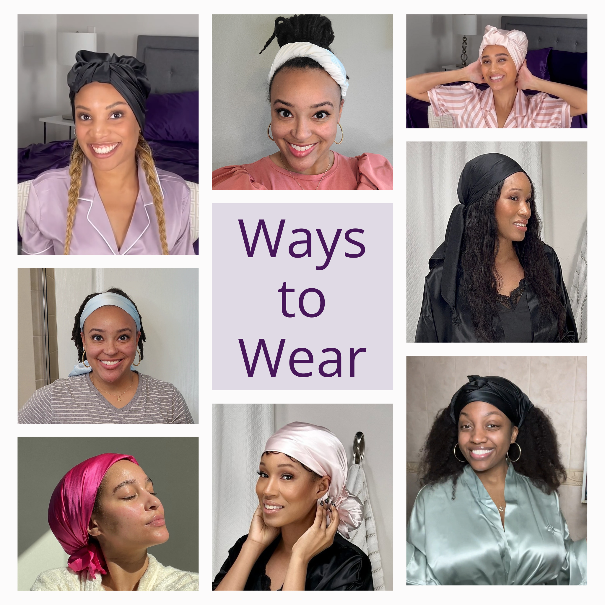 Silk Square Head Scarf - Black styling collage, showing versatile ways to wear Mulberry Park Silks' 36 mulberry silk scarf for fashion and hair care.