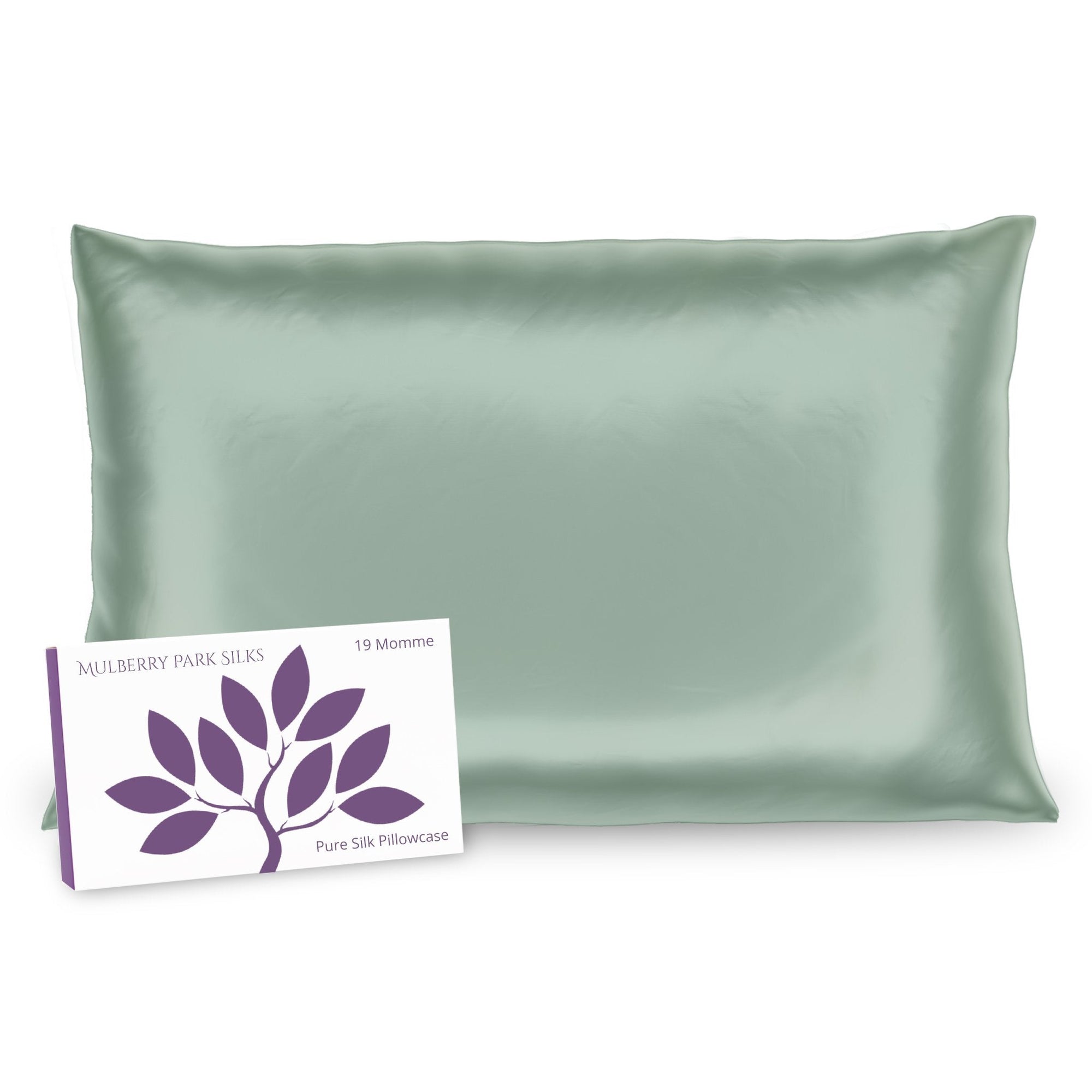 Mulberry Park Silks 19 Momme Pillowcase Green with box packaging