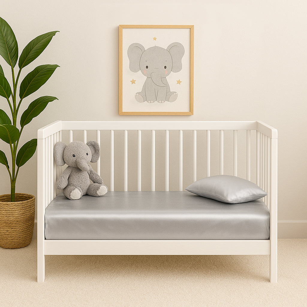 White crib with silk fitted sheet on the mattress, pillow, and elephant toy in a room with a plant and framed picture of an elephant.
