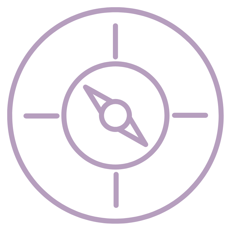 A simple, purple silk compass icon with four cardinal direction lines on a light gray background.