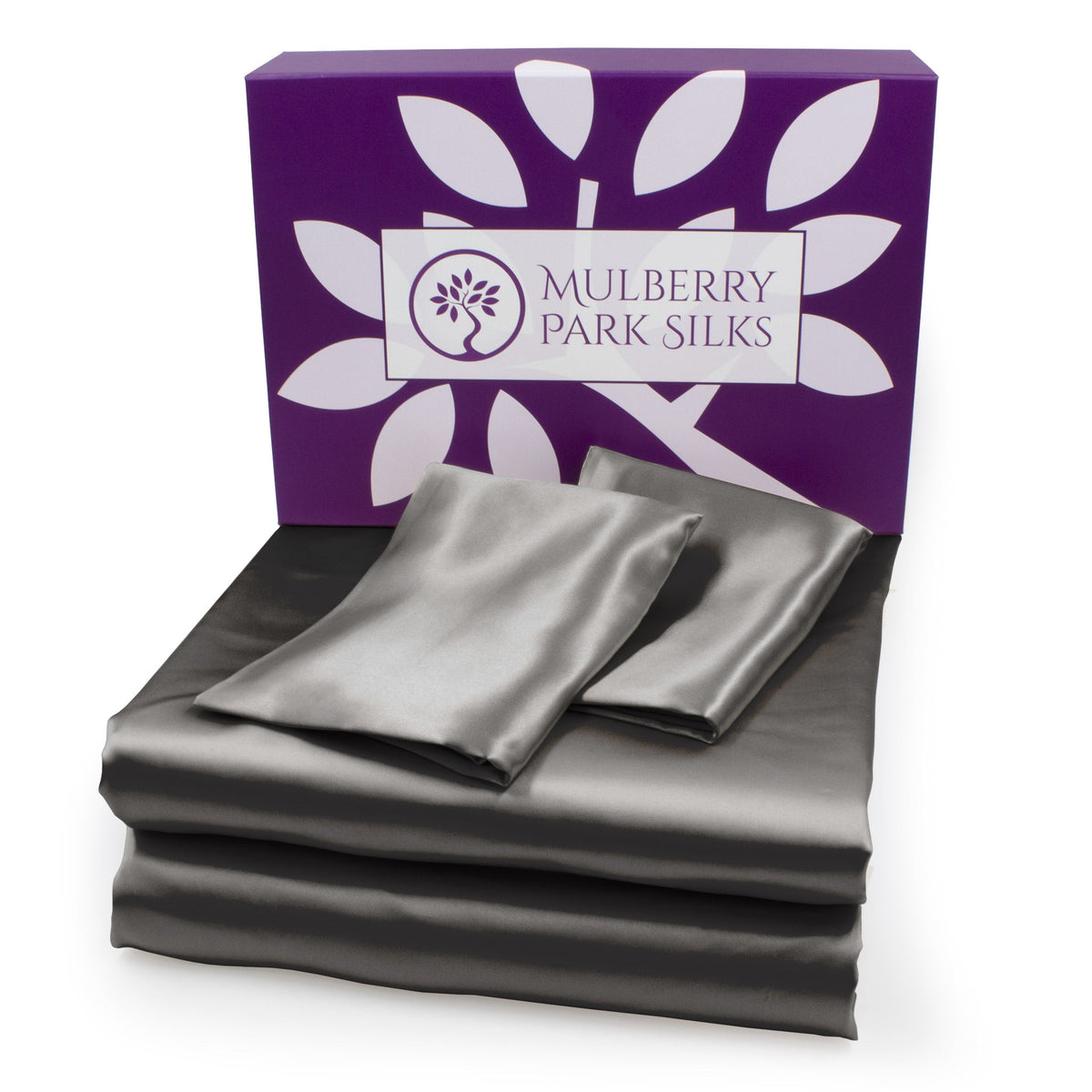 Mulberry Park Silks 22 Momme Silk Sheet Sets Gunmetal with Giftbox