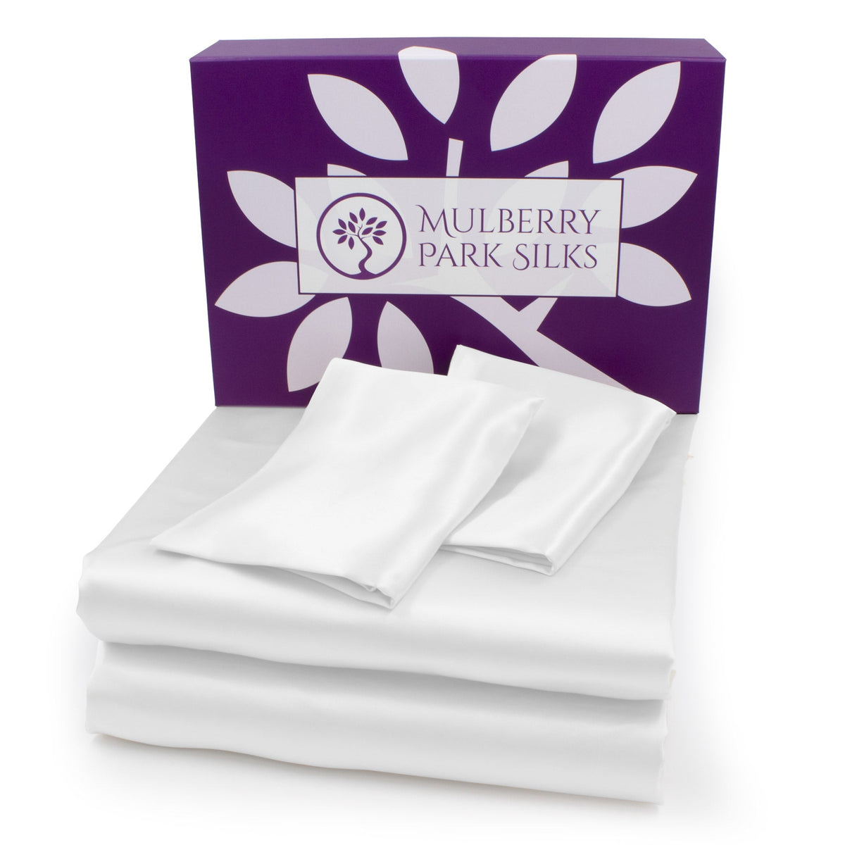 Mulberry Park Silks Products 22 Momme Silk Sheet Set White Stack with Giftbox