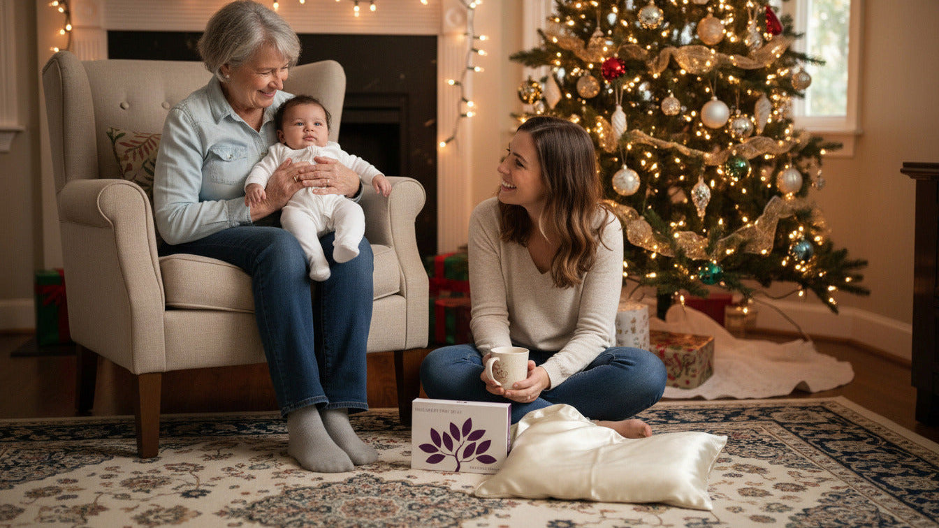Woman holding a baby in a living room with a decorated Christmas tree.