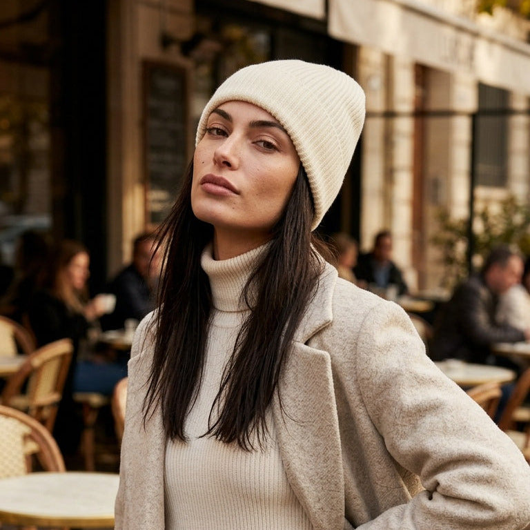 a woman in an outdoor cafe wearing a silk-lined cashmere and merino wool beanie