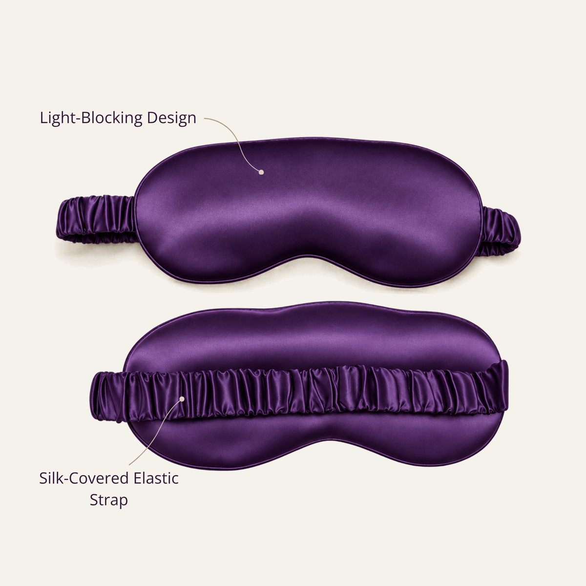 Two purple mulberry silk sleep masks, showing front and back with elastic strap, feature labels included.
