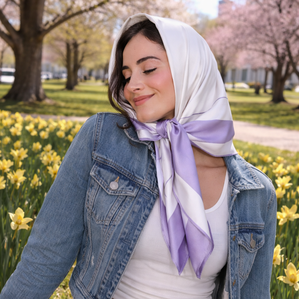Woman in a denim jacket and 36" square silk scarf sits among yellow flowers in a park with blooming trees.