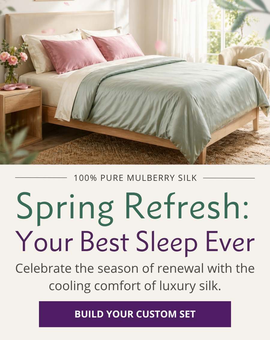 Bed with green bedding and pink pillows in a bright bedroom, promoting 100% pure mulberry silk bedding.