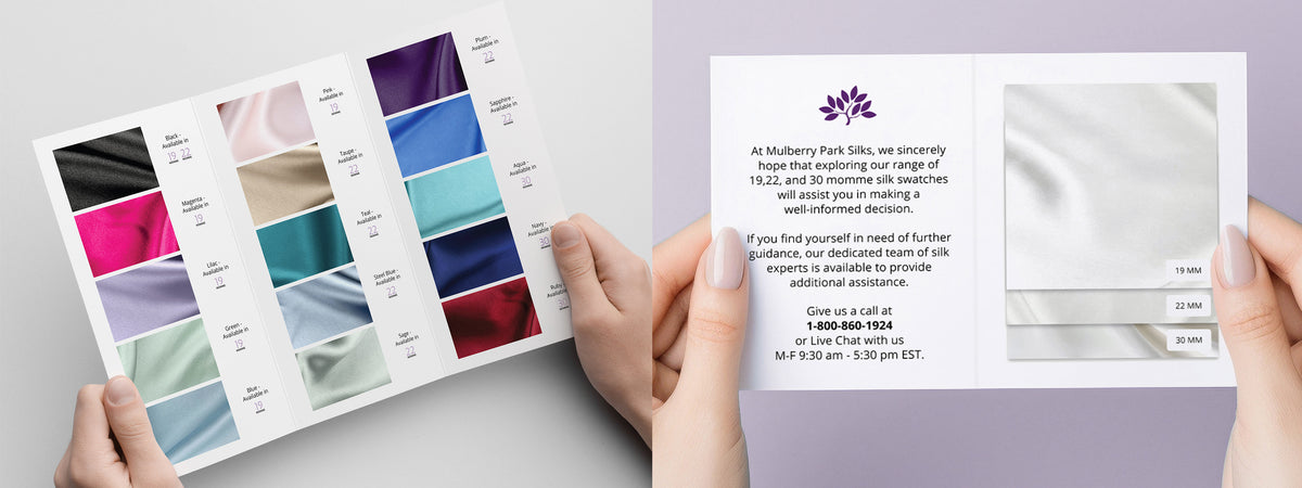 A person holds an open silk fabric sample card displaying color swatches and contact information.