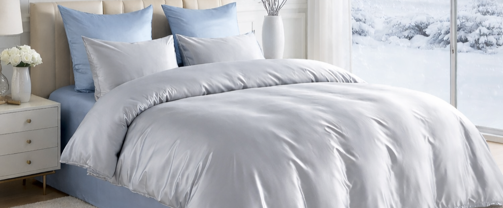 Gray and blue silk bedding set on a bed in a bedroom with a nightstand and decorative items.