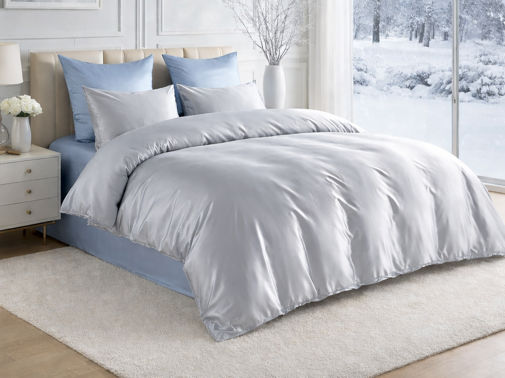 Gray bedding set on a bed with light blue pillows in a bedroom with a snowy outdoor view.