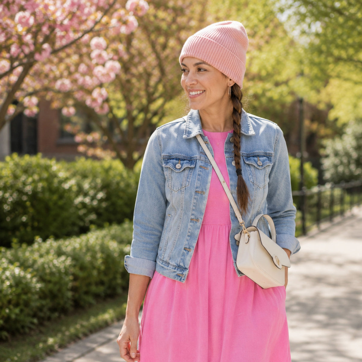 Woman in a pink dress and silk-lined beanie, denim jacket, and crossbody bag walks near blooming trees and green bushes.