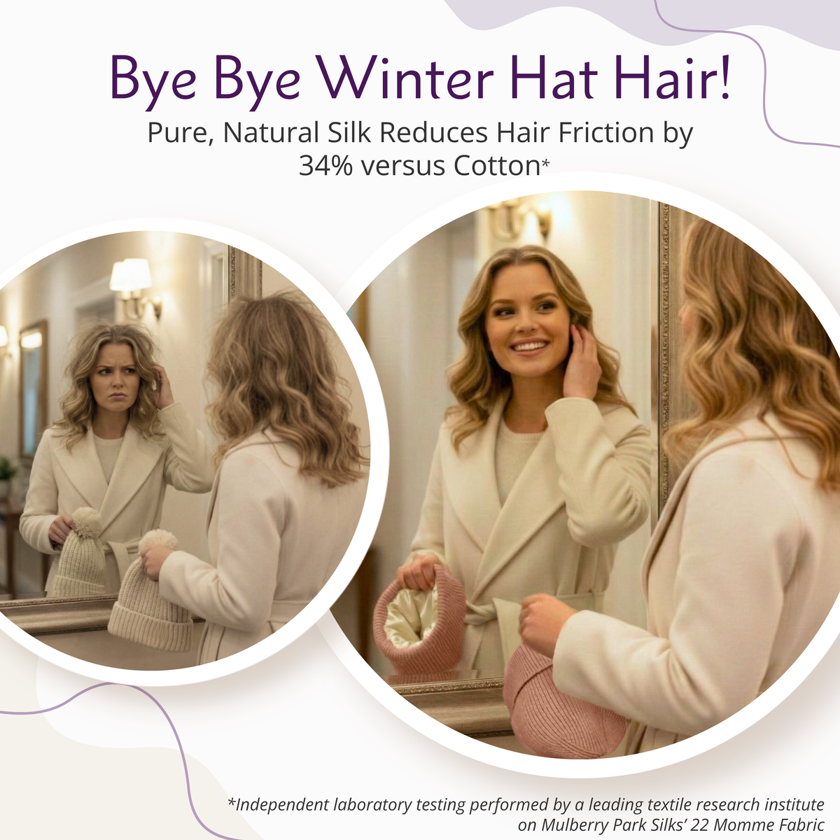 Woman adjusting hair in front of a mirror with text about silk reducing hair friction.