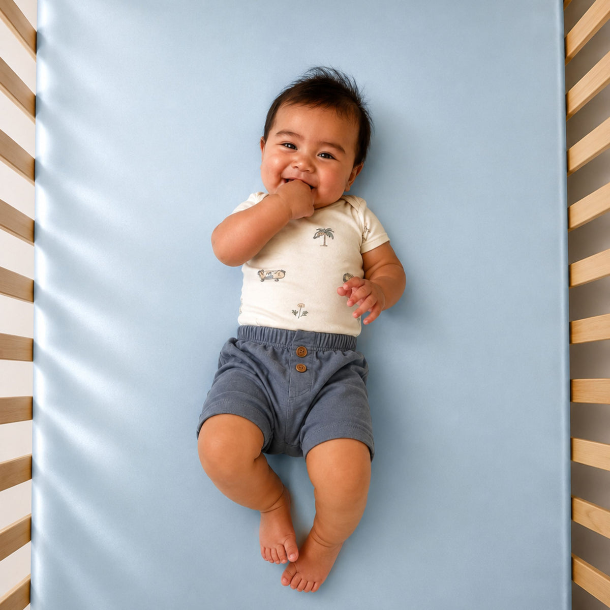 A baby smiles on a blue Mulberry silk crib sheet, wearing a white printed shirt and blue shorts, with a hand in their mouth.