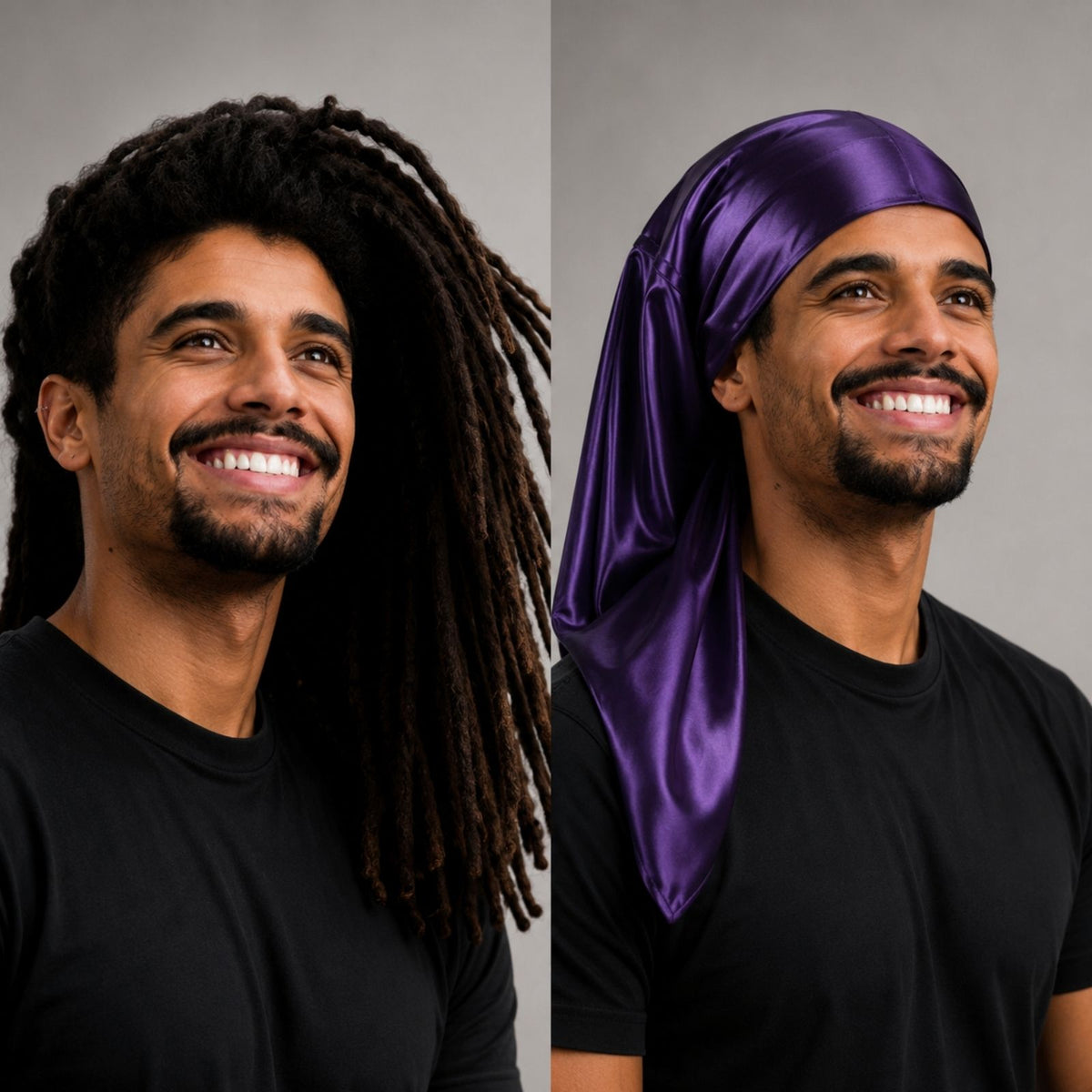 A man with long dreadlocks smiles; next, he wears a reversible silk bonnet and grins brightly.